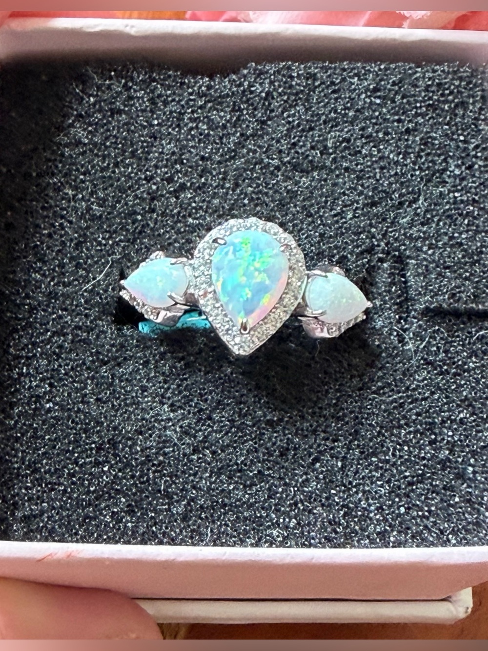 Three-stone Teardrop White Opal Halo Ring Sterling Silver Size 8
